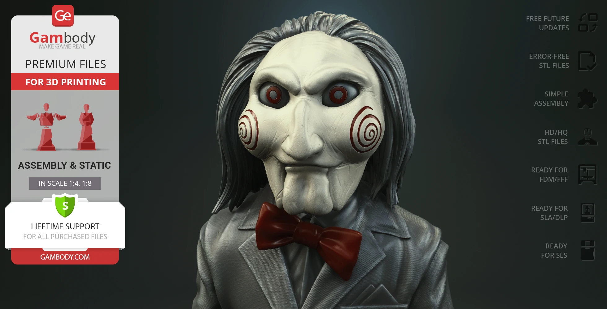 Creepy puppet figure with red bow tie, spiraled cheeks, white skin, and long dark hair, for 3D printing.