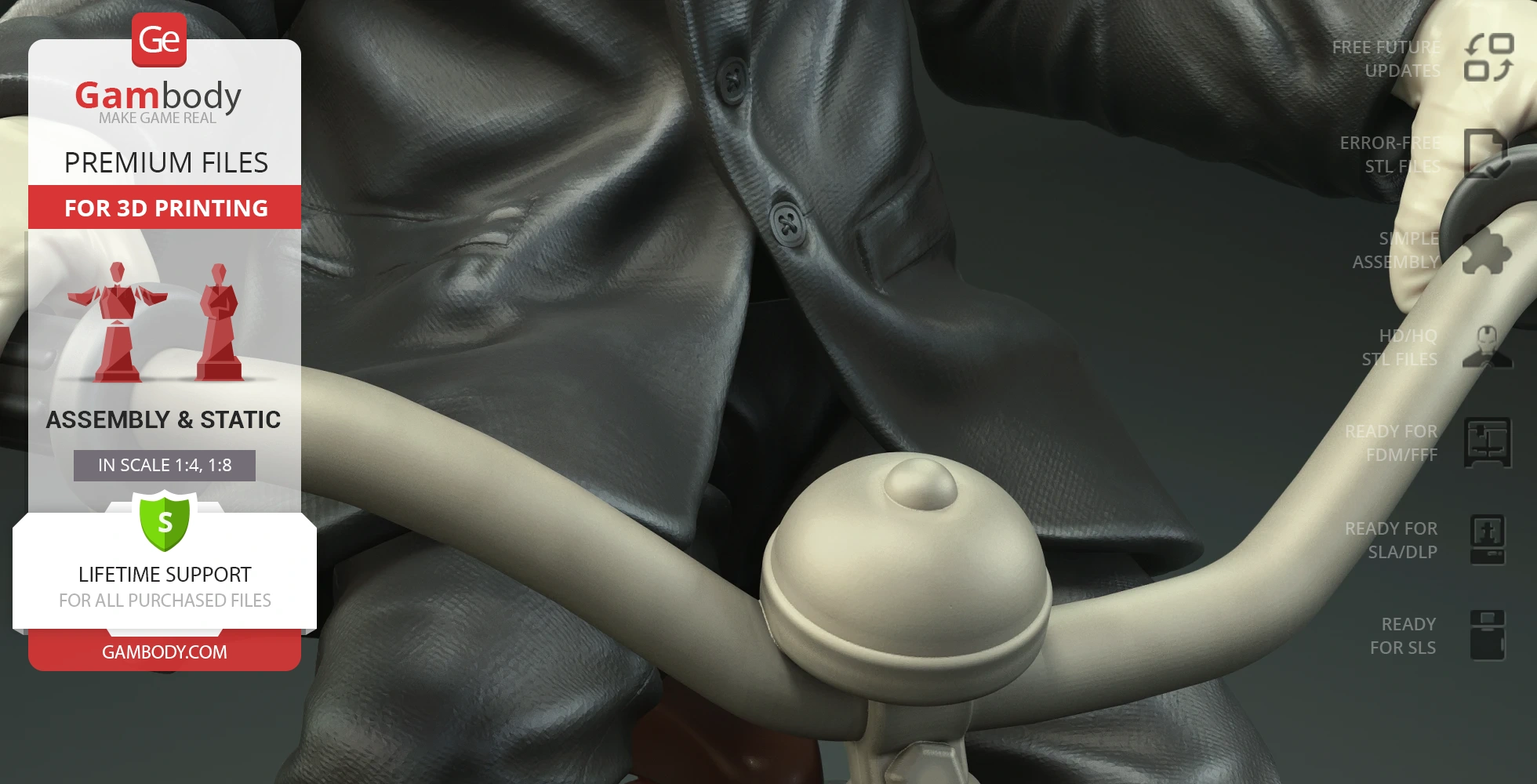 A close-up of a dark suit with gloved hands on handlebars.