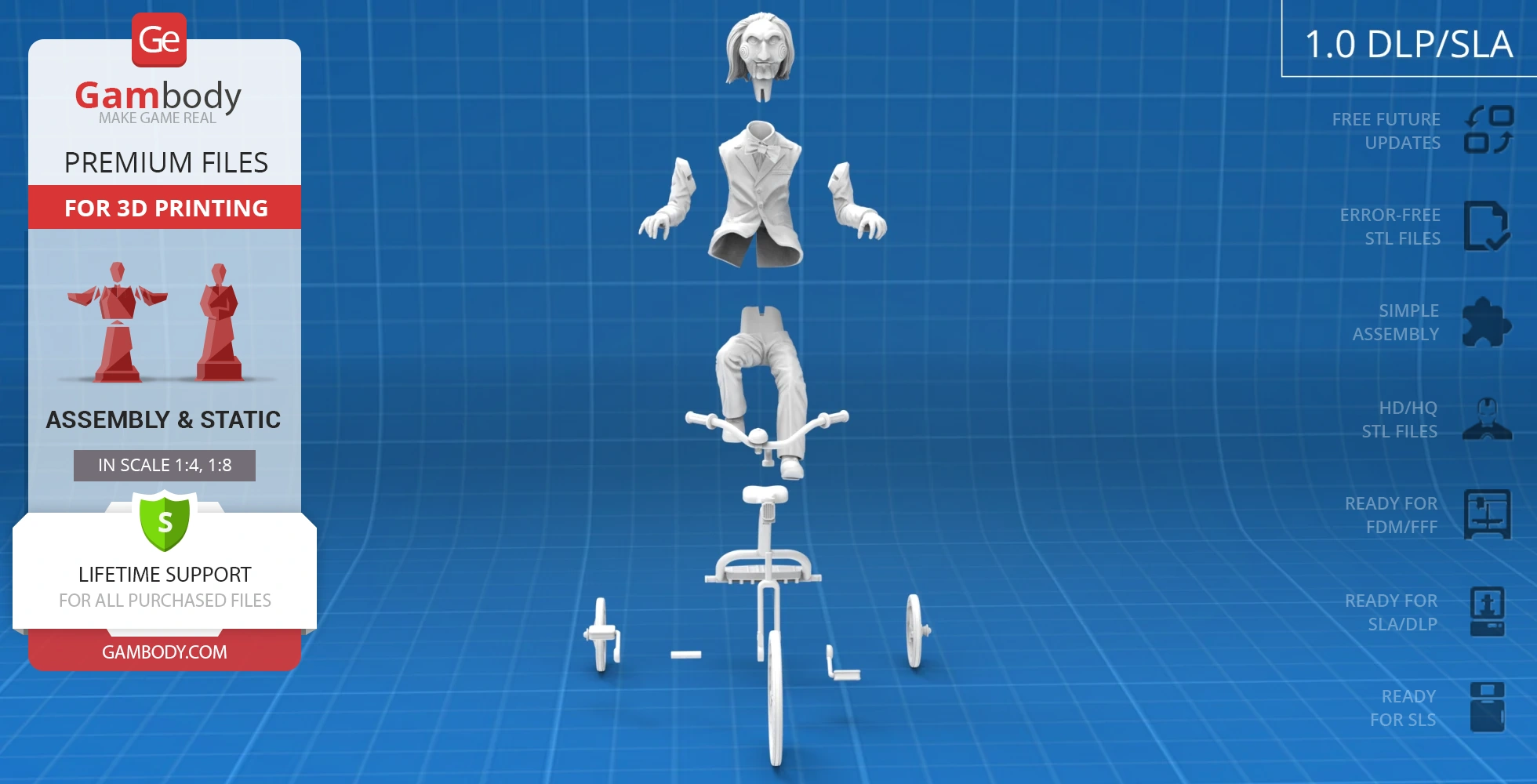 3D model parts of a puppet in a suit on a tricycle, split into pieces for assembly.