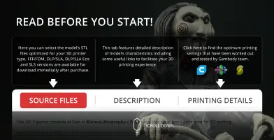 Creepy puppet figure with spiral cheeks and suit; 3D printing details and file source options displayed.