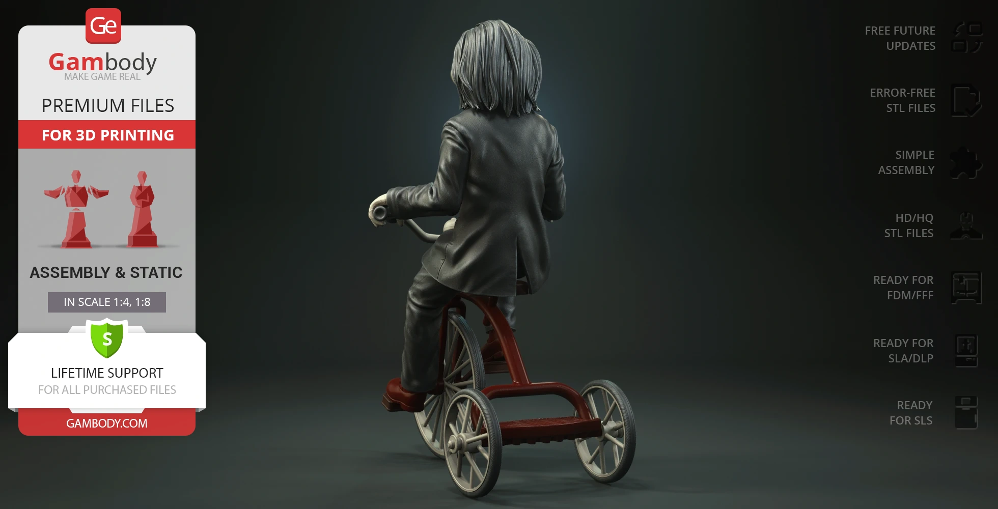 A puppet figure with long hair rides a tricycle, viewed from behind.
