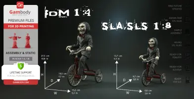 Creepy puppet in a suit riding a tricycle, with 3D printing dimensions displayed.