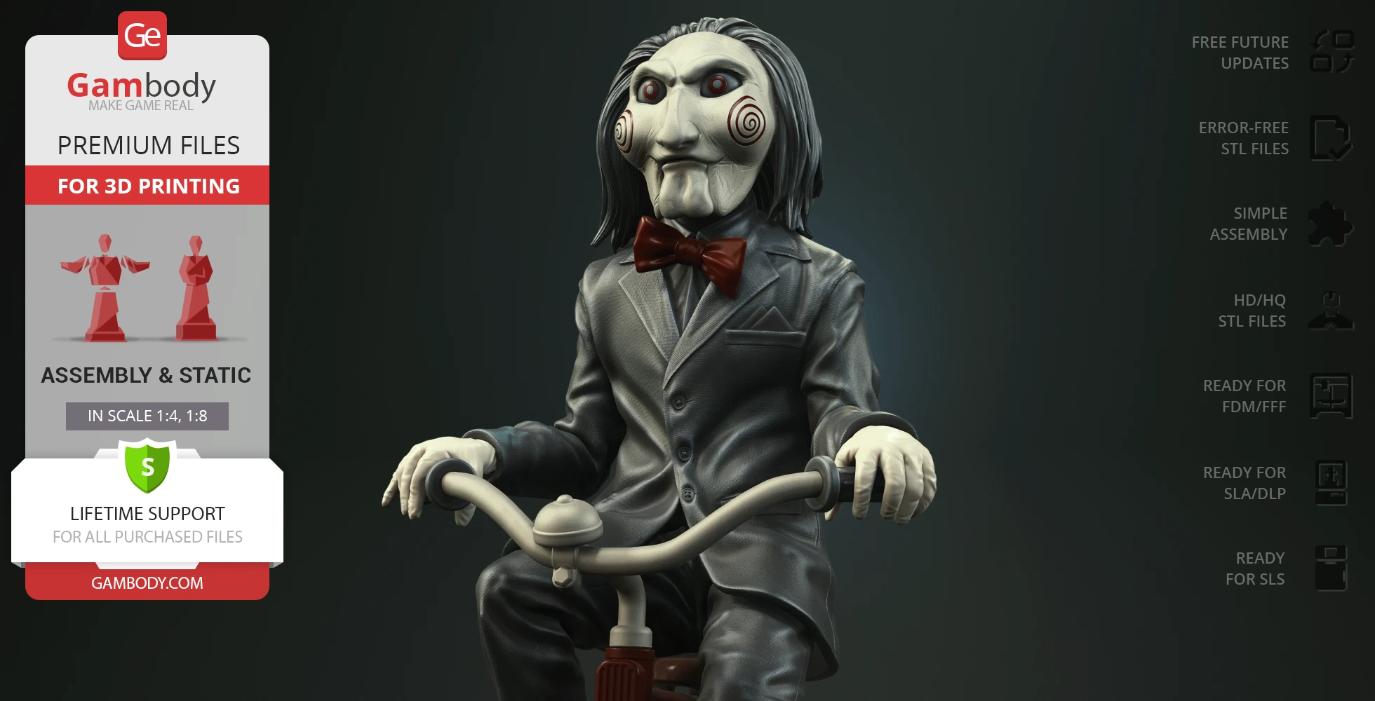 Creepy puppet in a suit with red bow tie, sitting on a tricycle, designed for 3D printing.