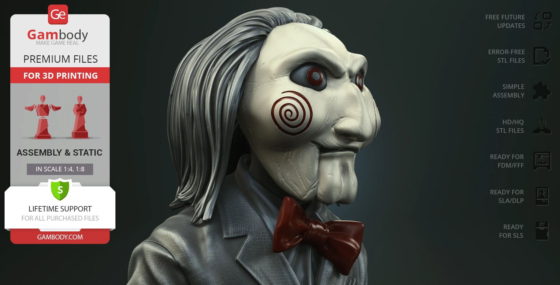 A detailed 3D model of a puppet with red spiral cheeks, long hair, and a red bow tie for 3D printing.