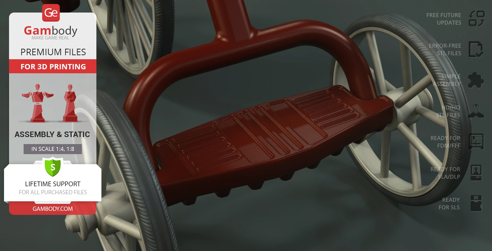 A close-up of a red tricycle pedal and wheel, part of a 3D-printing model.