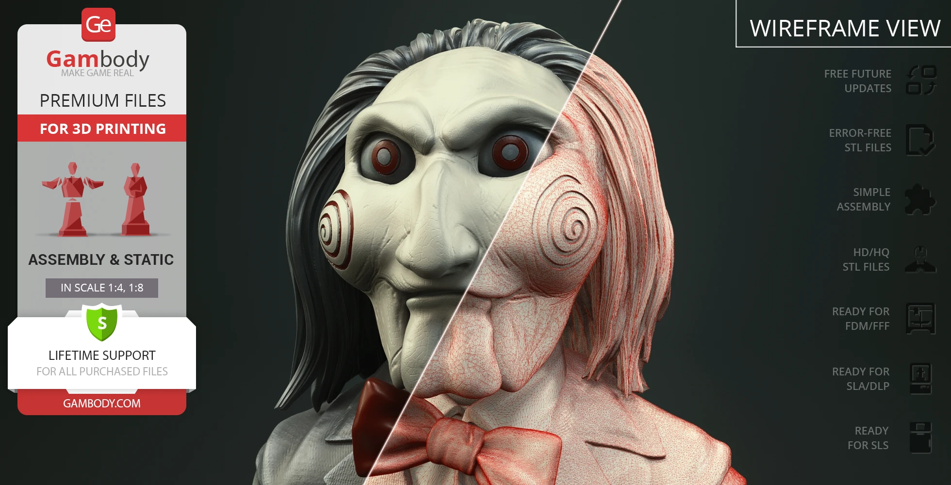 Creepy puppet face with spirals on cheeks; half realistic, half wireframe. Red bow tie and dark hair.