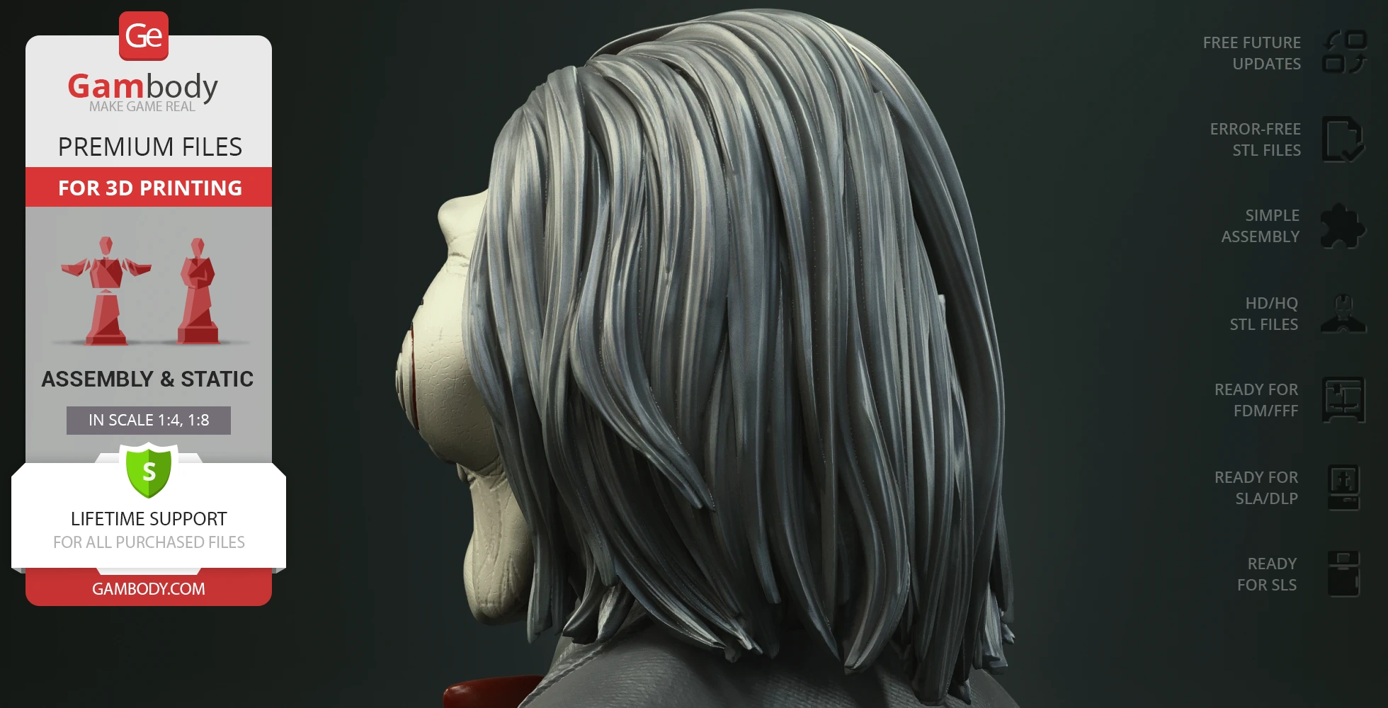 A detailed 3D model of Billy the Puppet's head with long gray hair, suitable for 3D printing.