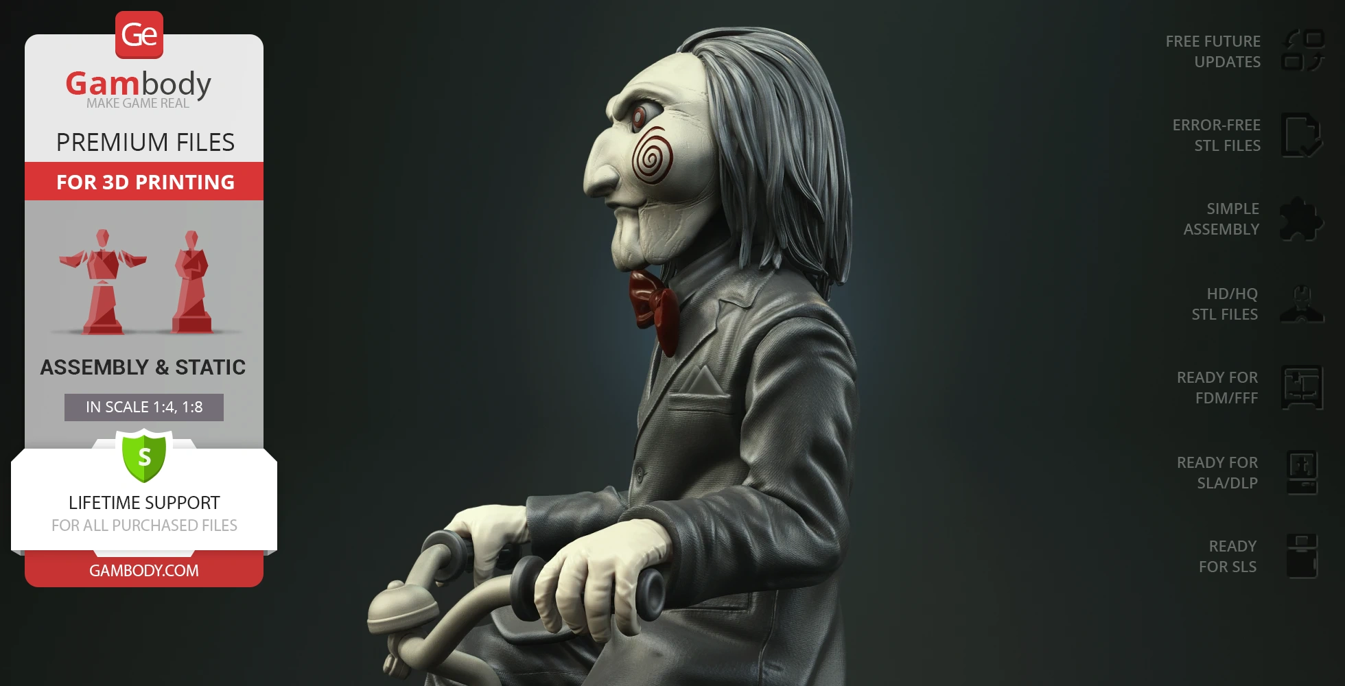 3D model of a sinister puppet with long hair, red bow tie, spiral cheeks, wearing a suit, riding a tricycle.
