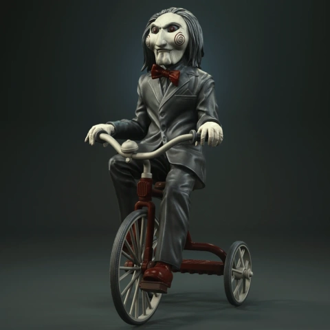 Creepy puppet in a suit with red bowtie, riding a tricycle.