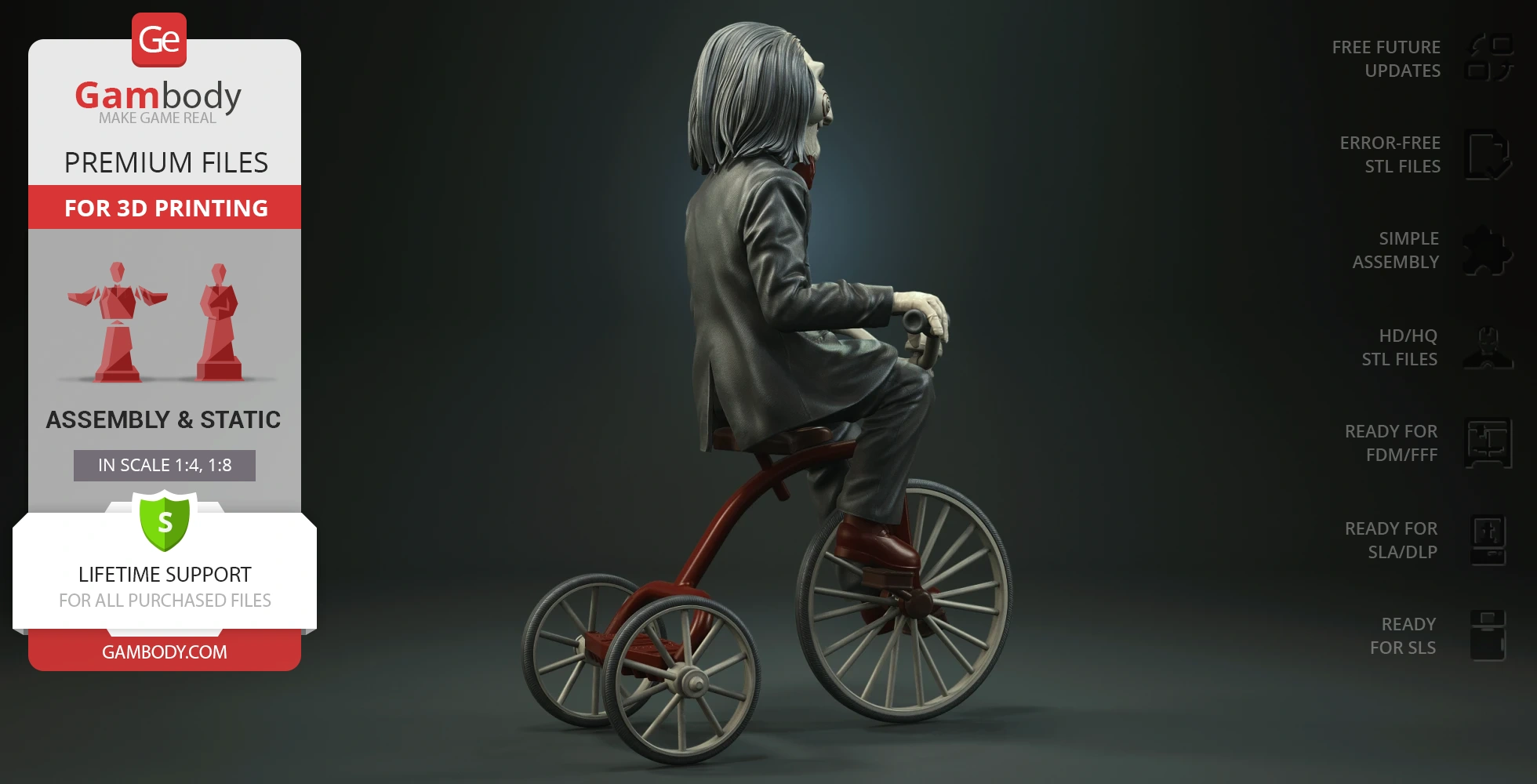 Creepy puppet in a suit riding a red tricycle, side view, with options for 3D printing.