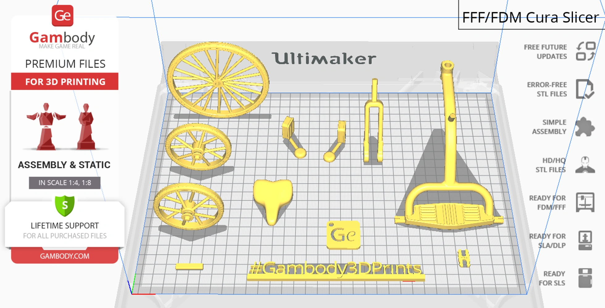 3D printing layout of puppet bike parts, including wheels and frame, in yellow on a grid platform.