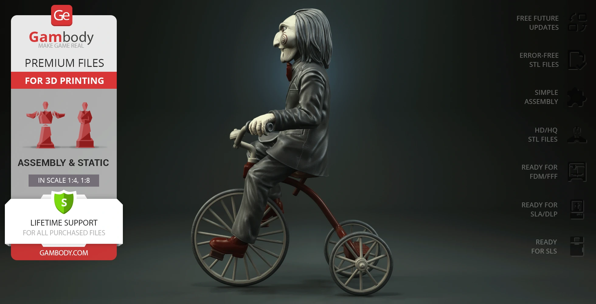 Creepy puppet figure riding a tricycle, designed for 3D printing. Dark background.