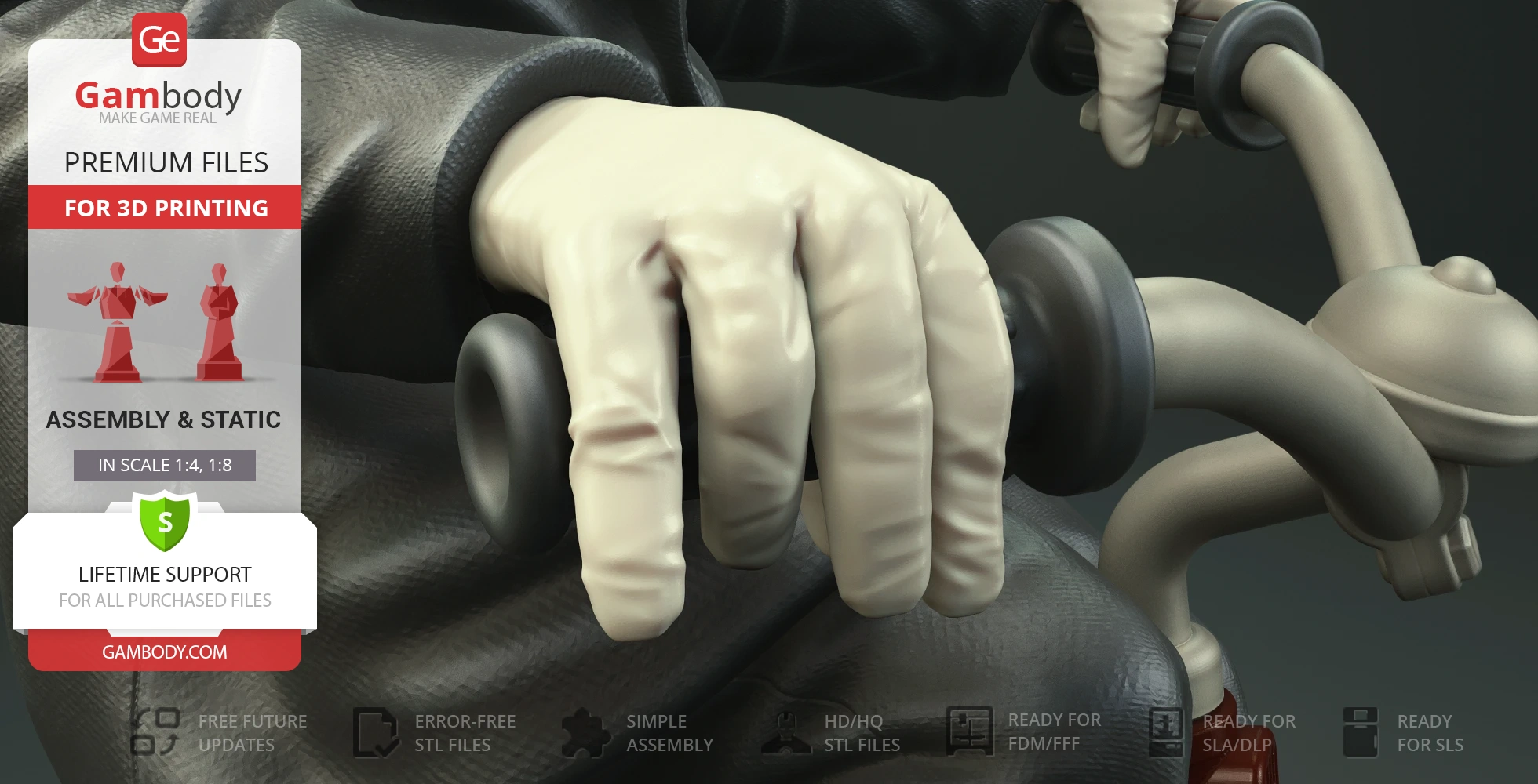 White-gloved hand gripping a tricycle handlebar, showcasing detailed 3D printing design.