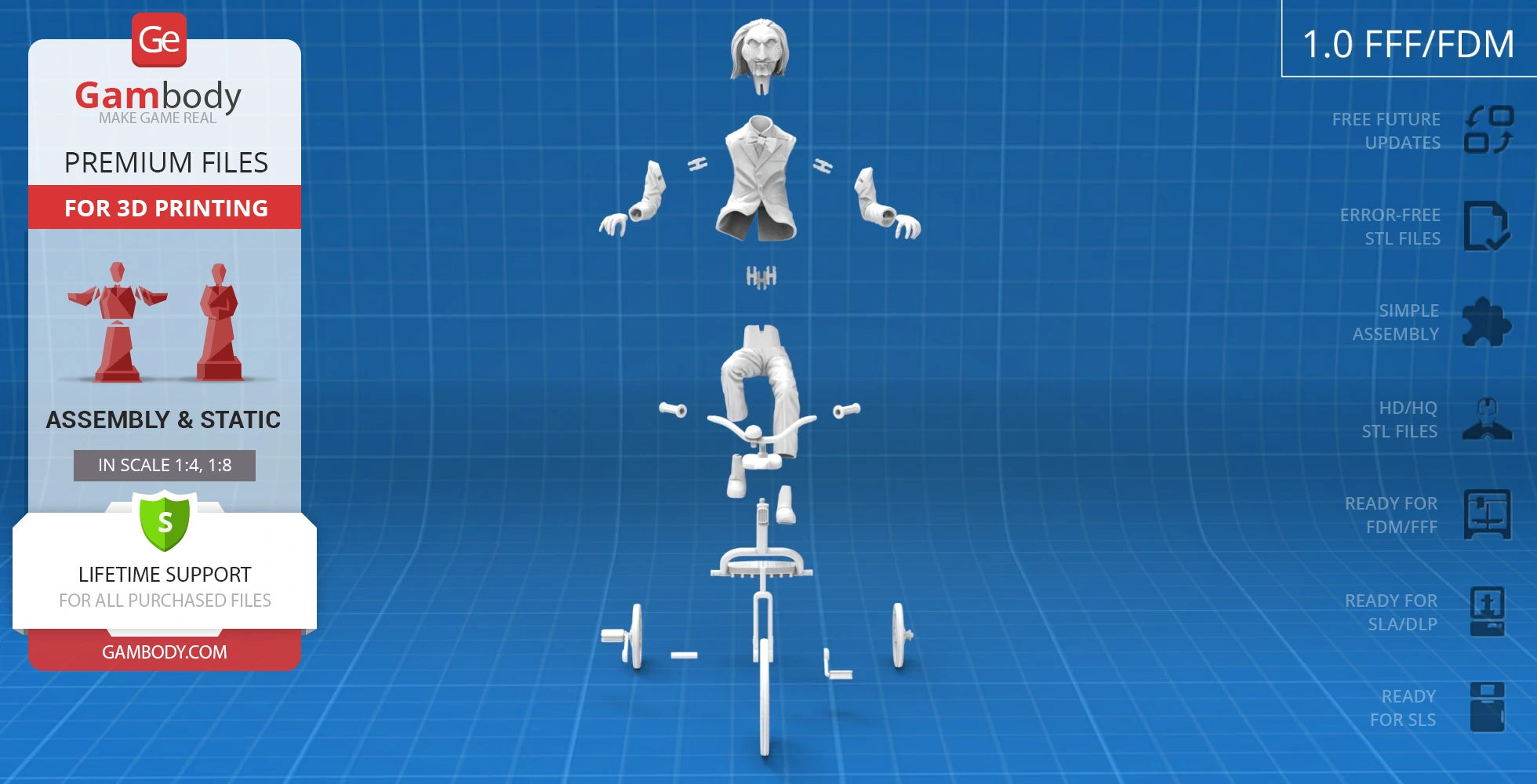 Disassembled 3D model of a puppet on a tricycle, showing individual printable parts on a blue grid background.
