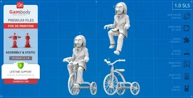 3D model of a puppet on a tricycle, detailed for printing, shown in seated and riding poses.