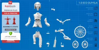 3D model parts of a puppet, including head, torso, arms, legs, and bicycle components on a blueprint background.