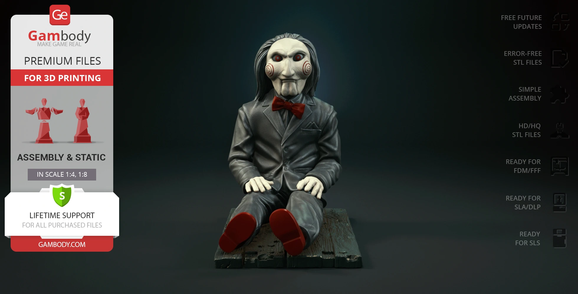 Creepy puppet in a suit with red bow tie and shoes, sitting on a wooden base.