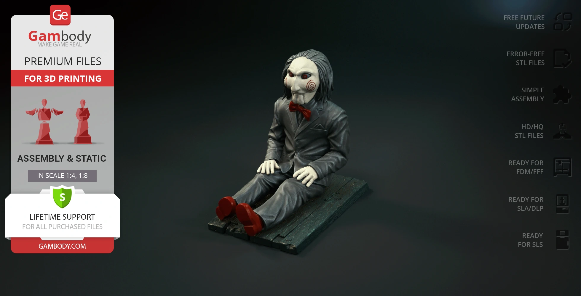 Creepy puppet in a suit with a red bowtie and shoes, sitting on a wooden board.
