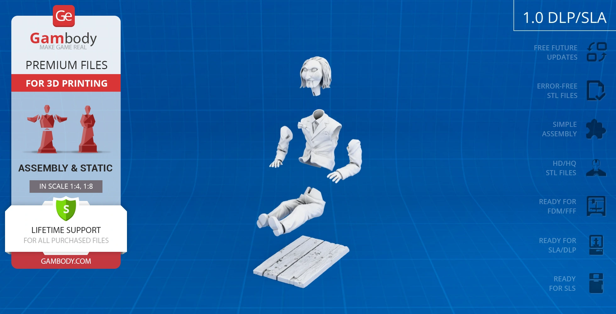 Floating, disassembled puppet parts for 3D printing on a blue grid background.