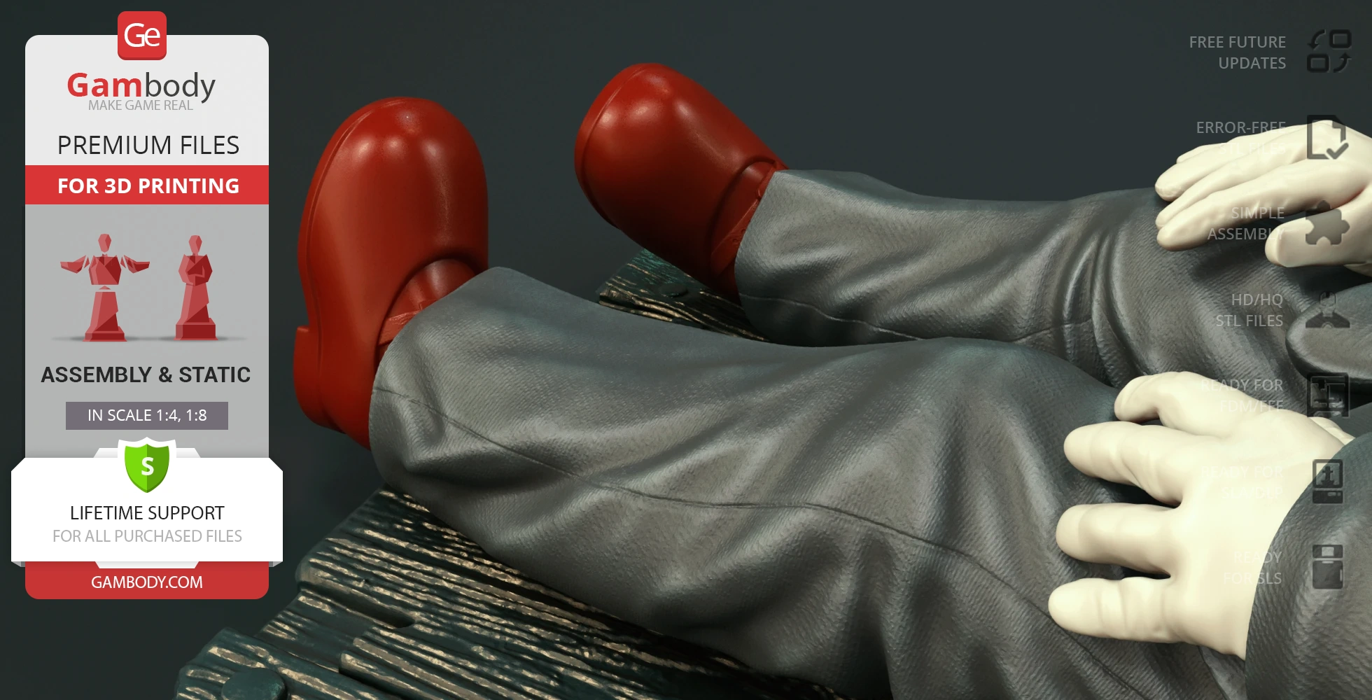 Close-up of sitting figure in gray pants, red shoes, and white gloves on a wooden surface.