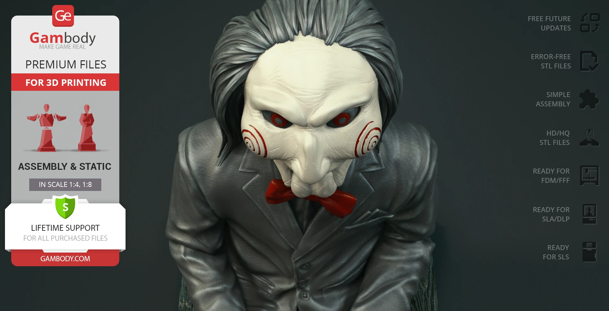 A 3D model of Billy the Puppet sitting in a suit with red bow tie and spiral cheeks, intended for 3D printing.