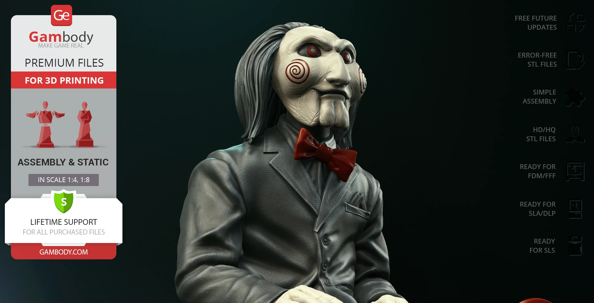 Puppet in a suit with red bowtie sits with hands resting, suitable for 3D printing.