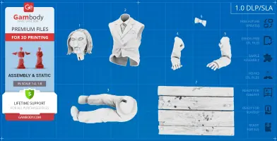3D model parts of a puppet: head, torso, arms, legs, bow tie, and base for assembly and printing.