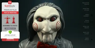 Creepy puppet face with red eyes, spiral cheeks, and long gray hair, wearing a red bow tie.