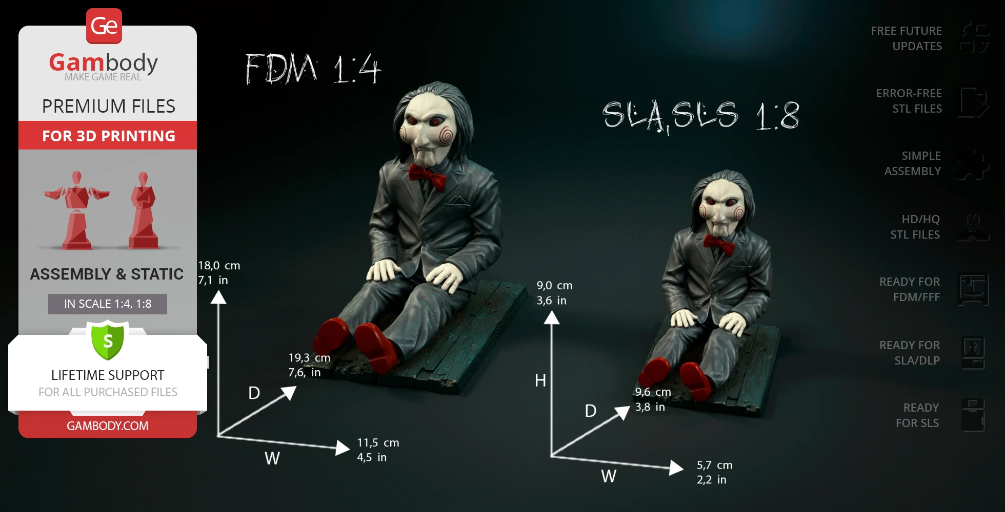 A creepy puppet in a suit with red shoes, sitting on a wooden plank with dimensions shown.