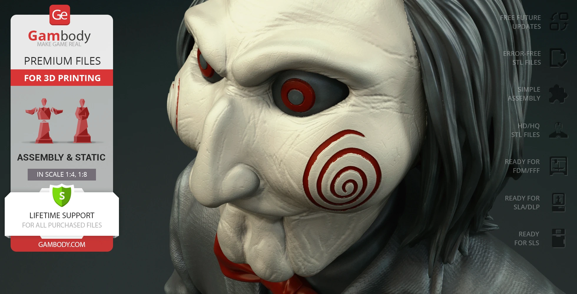 Creepy puppet face with red swirls on cheeks and intense red eyes, suitable for 3D printing.
