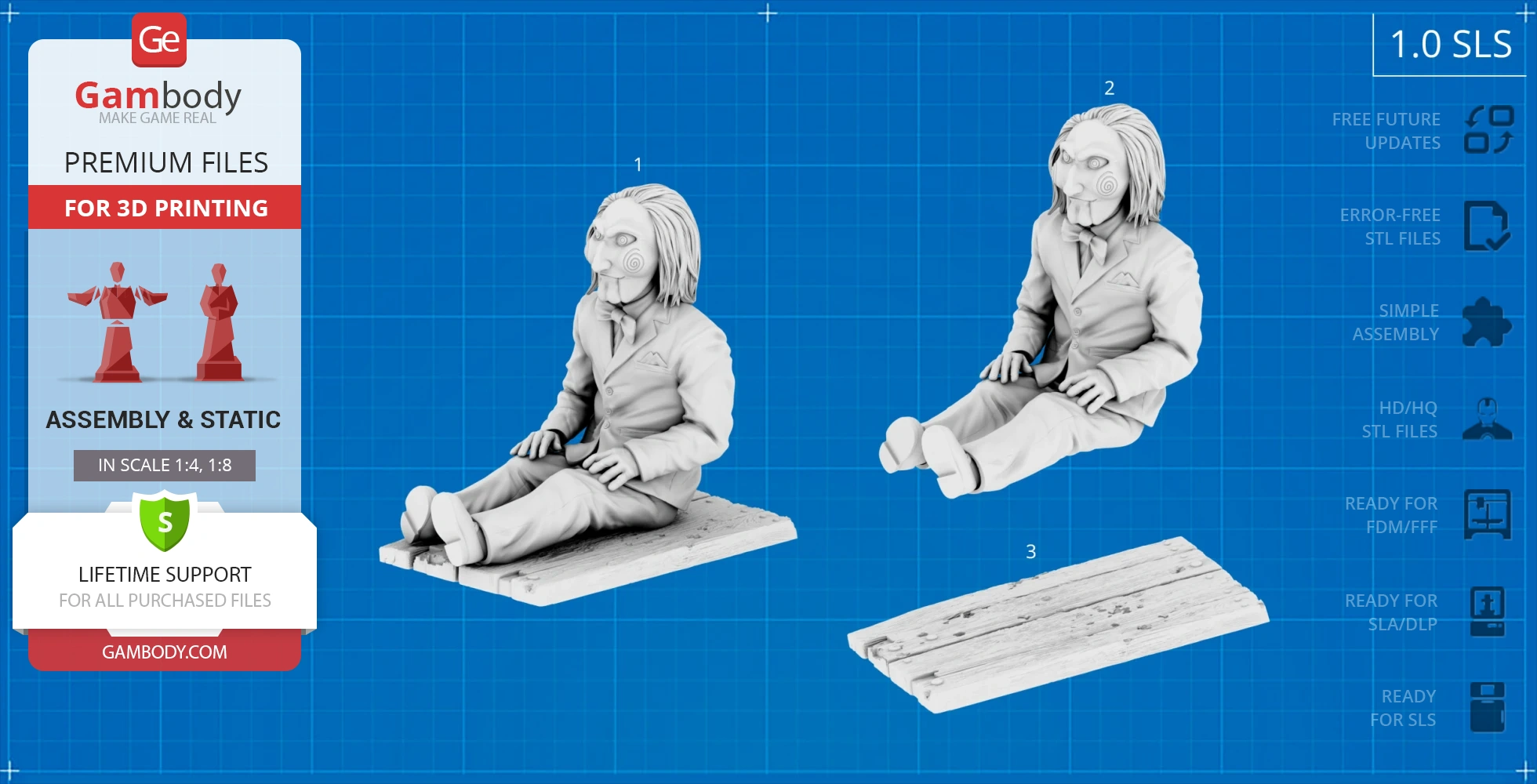 3D model of a puppet in a suit, sitting with legs extended on a wooden board for printing.