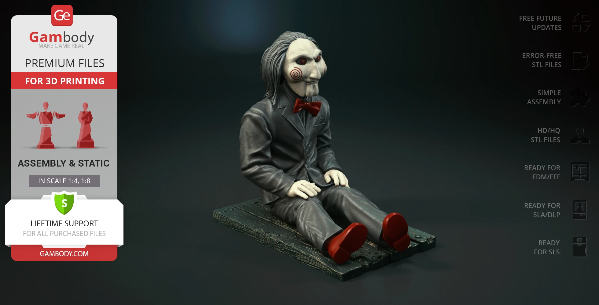 A figure of a puppet in a suit with red shoes and a bow tie, sitting on a wooden plank.