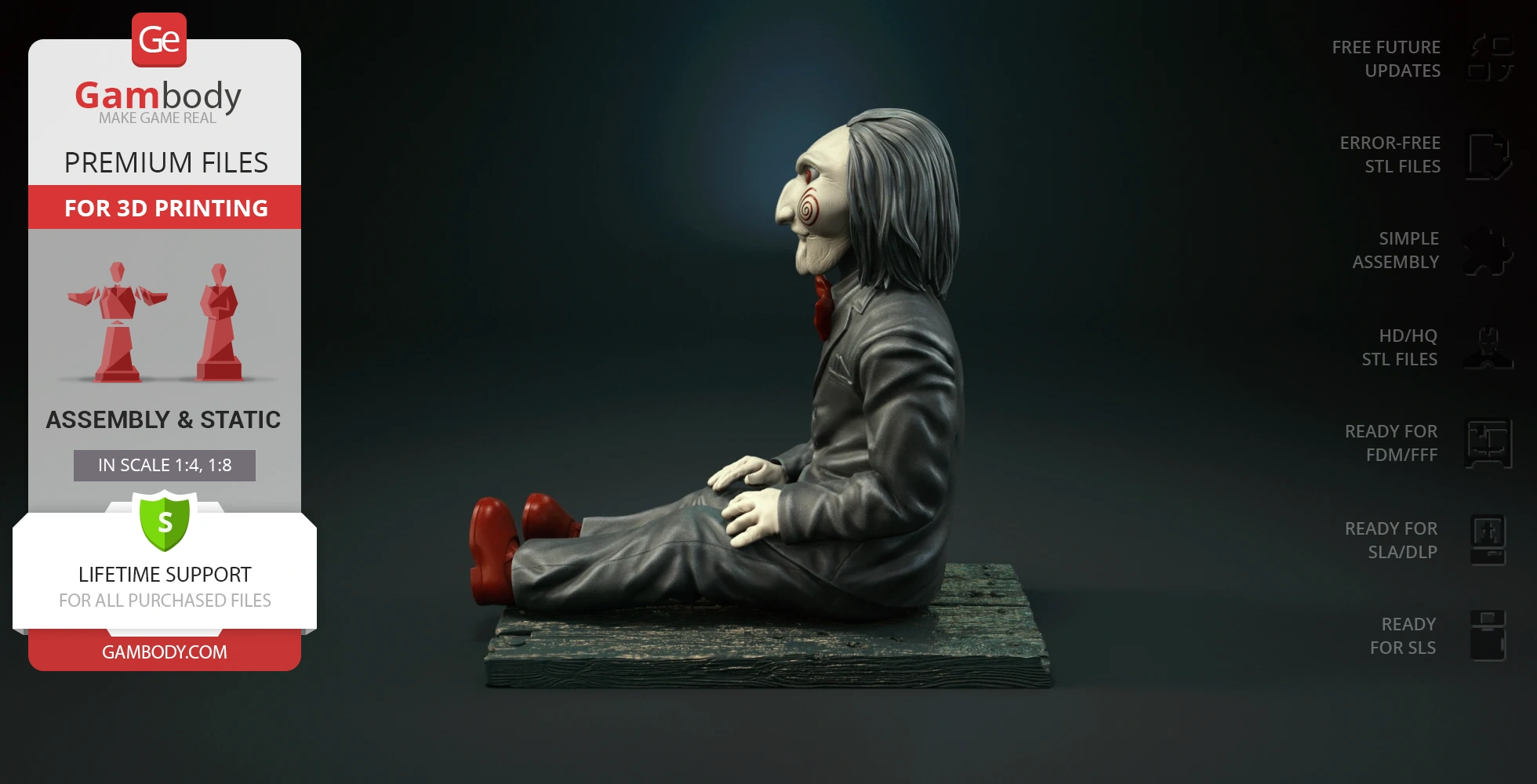 Billy the Puppet in a sitting pose on a wooden base, ready for 3D printing.