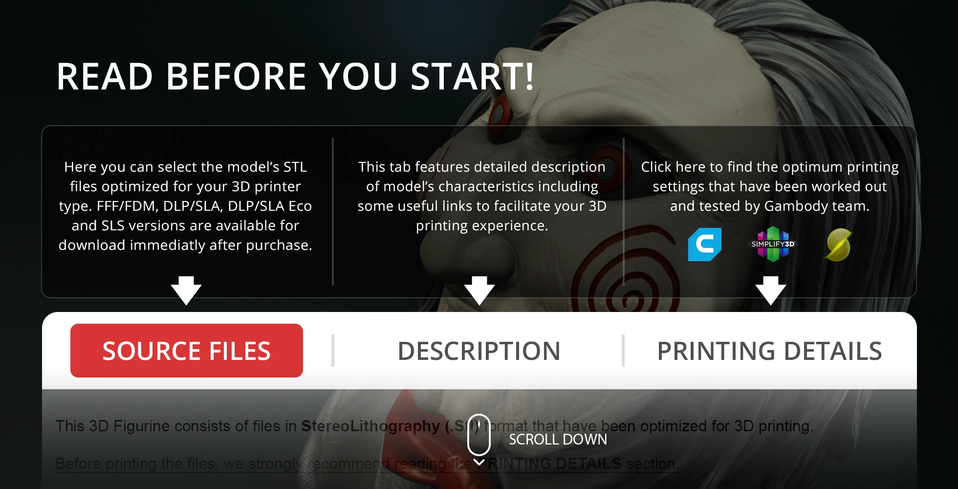 Close-up of Billy the Puppet's face in an instructional layout for 3D printing source files.