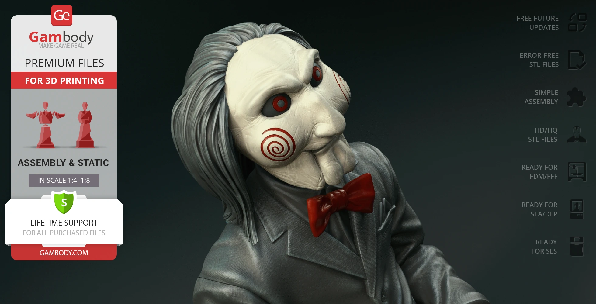 Billy the Puppet 3D model in a sitting pose, with distinctive red eyes and swirling cheek designs.