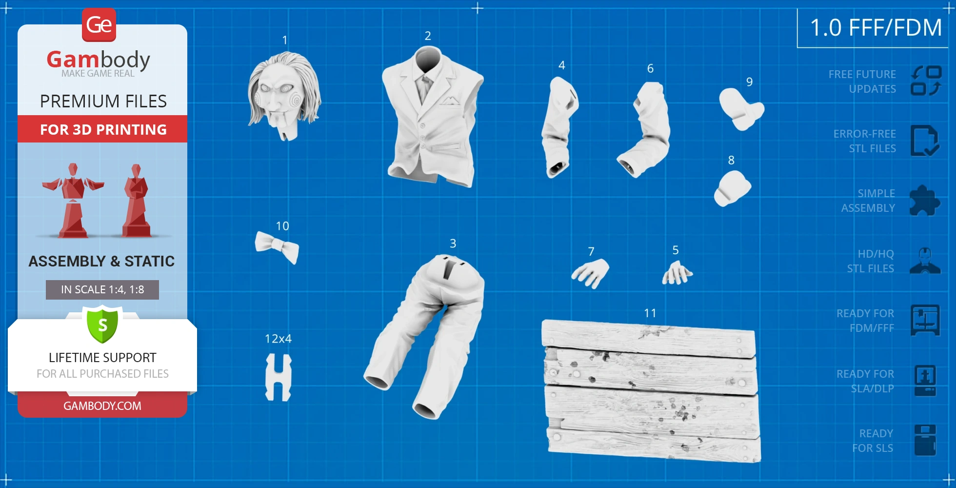 3D model assembly parts of Billy the Puppet, including head, suit, limbs, hands, and wooden planks.
