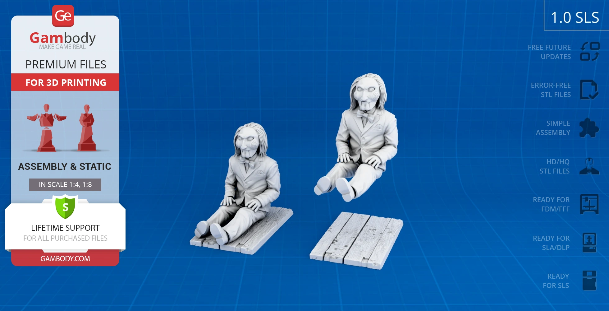 3D model of a puppet in a suit sitting on a wooden plank for 3D printing.