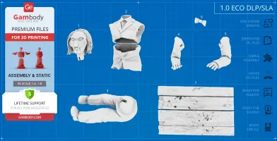 3D model parts of Billy the Puppet, including head, torso, arms, legs, and a wooden base, ready for assembly.