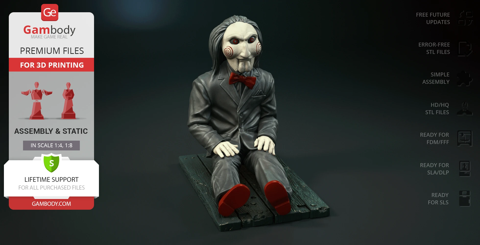 Creepy puppet in suit with red shoes, sitting on a wooden plank.
