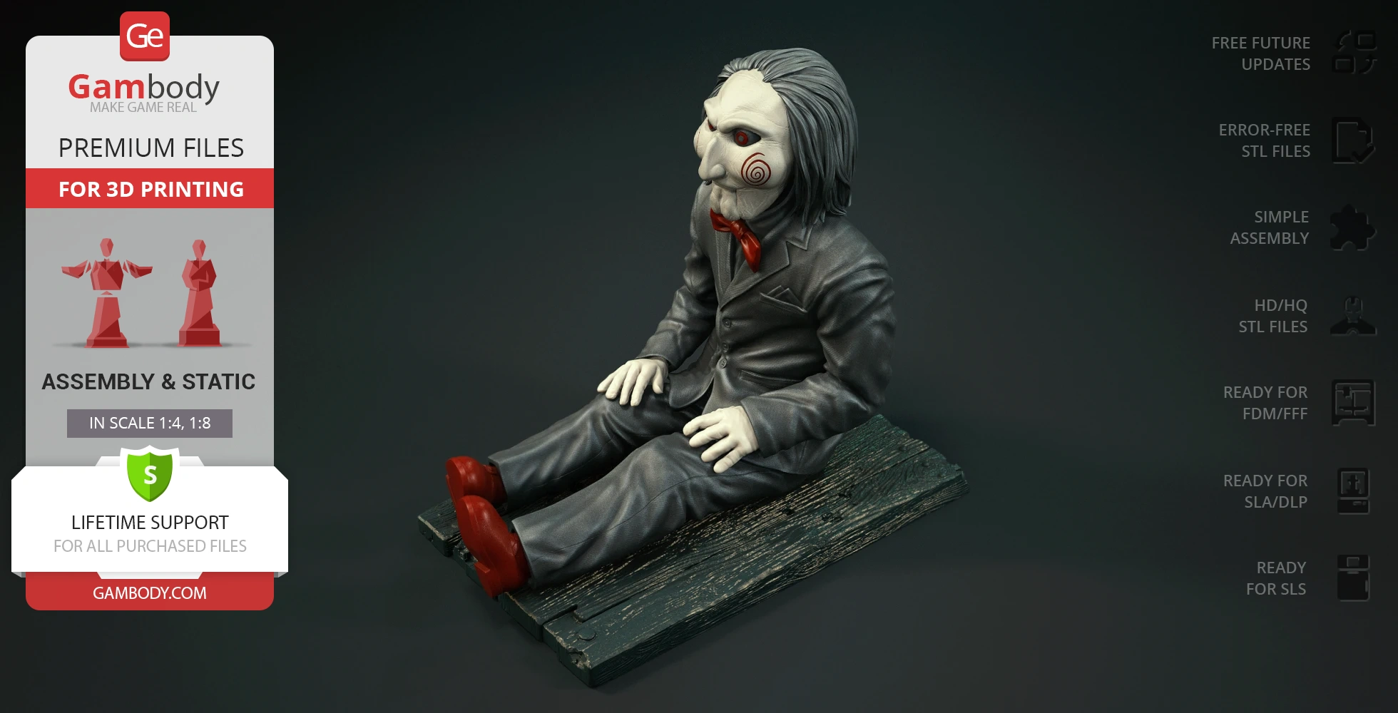 Creepy puppet in a suit sitting on wooden board, designed for 3D printing. Red bow tie and shoes.