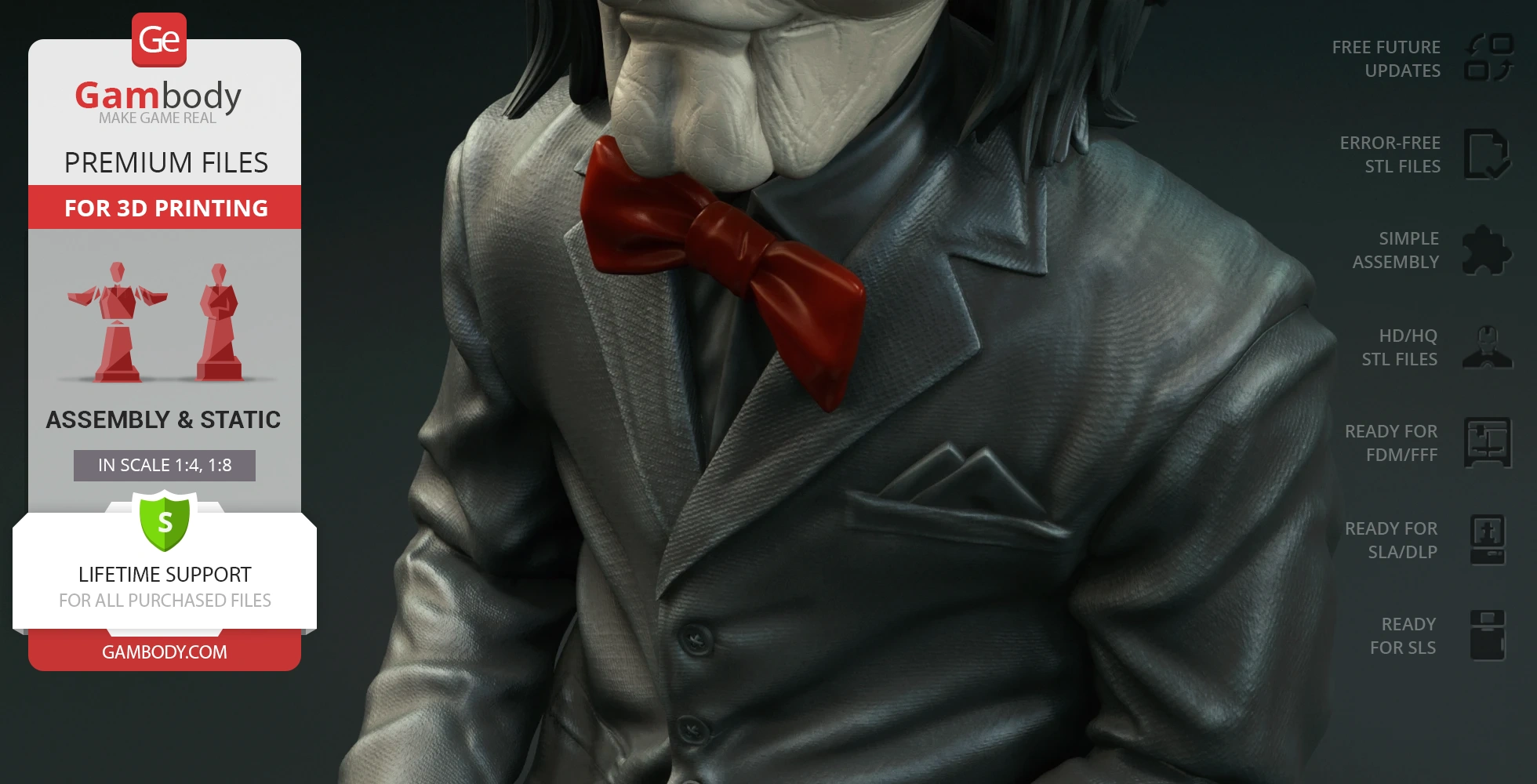 3D model of a puppet in a suit with a red bow tie, designed for 3D printing.
