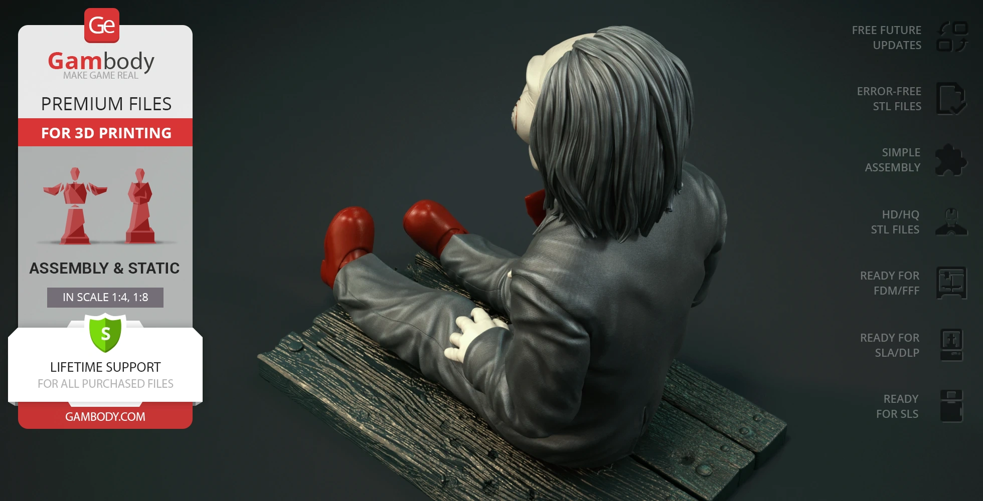 A 3D model of a puppet with gray hair, red shoes, sitting on a wooden plank, viewed from behind.