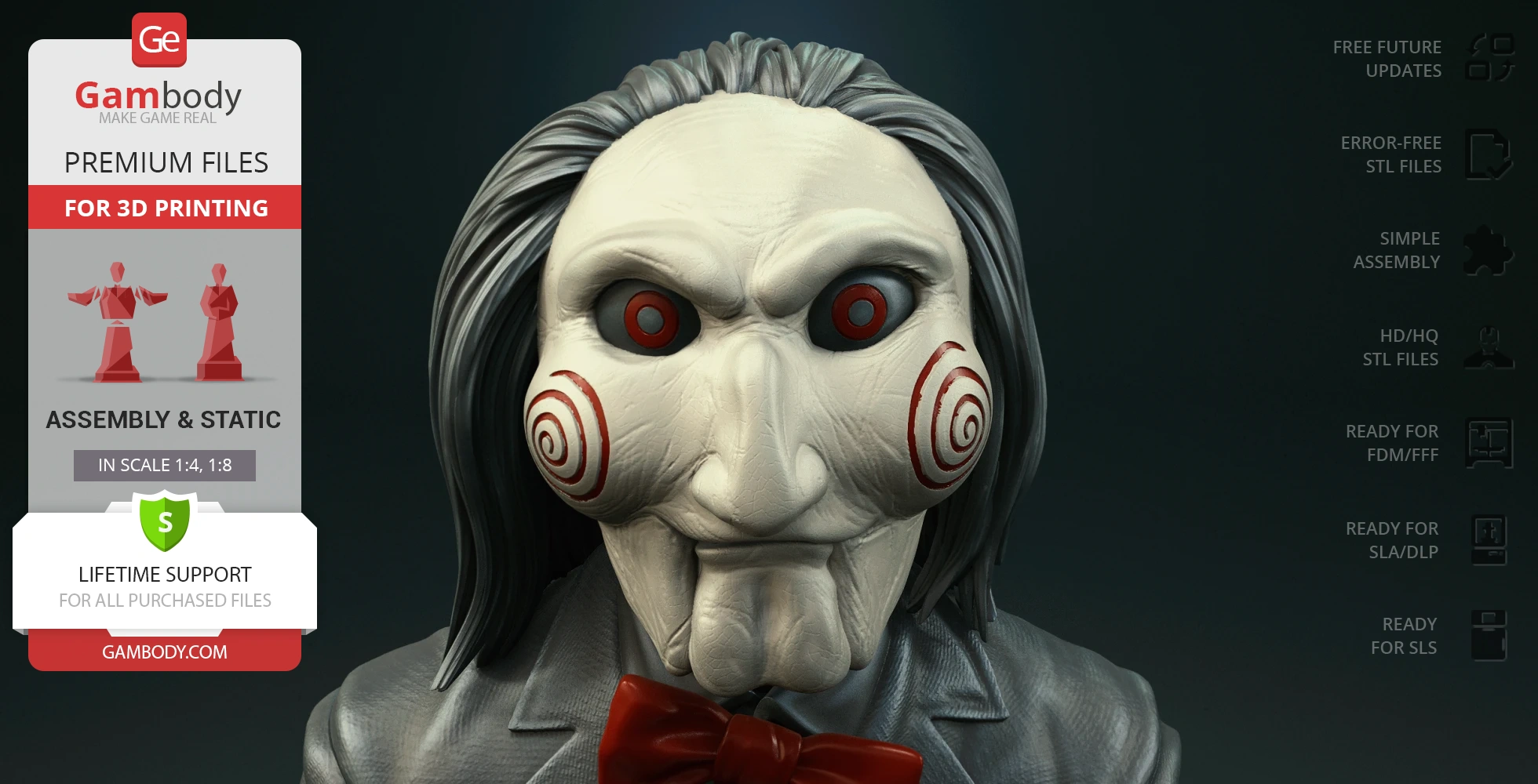 Creepy puppet face with red eyes, spiral cheeks, and long gray hair, wearing a red bow tie.