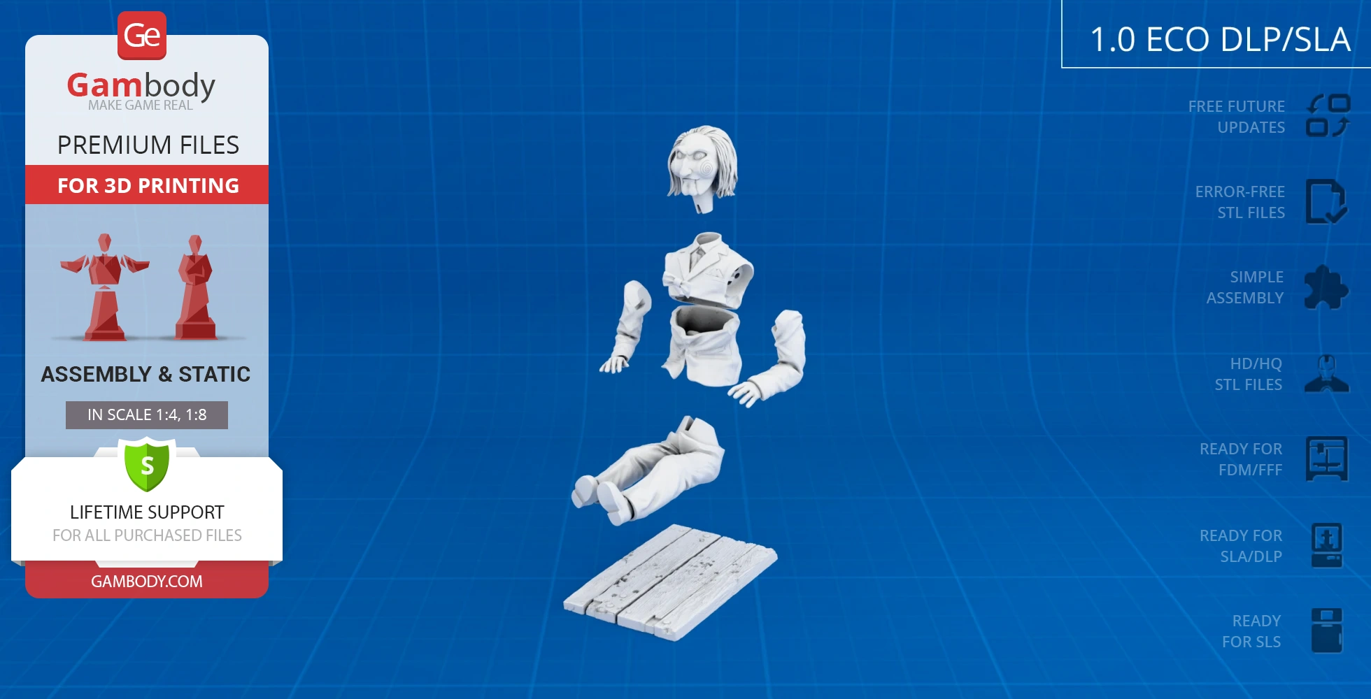 A disassembled 3D model of Billy the Puppet in a sitting pose, ready for 3D printing assembly.