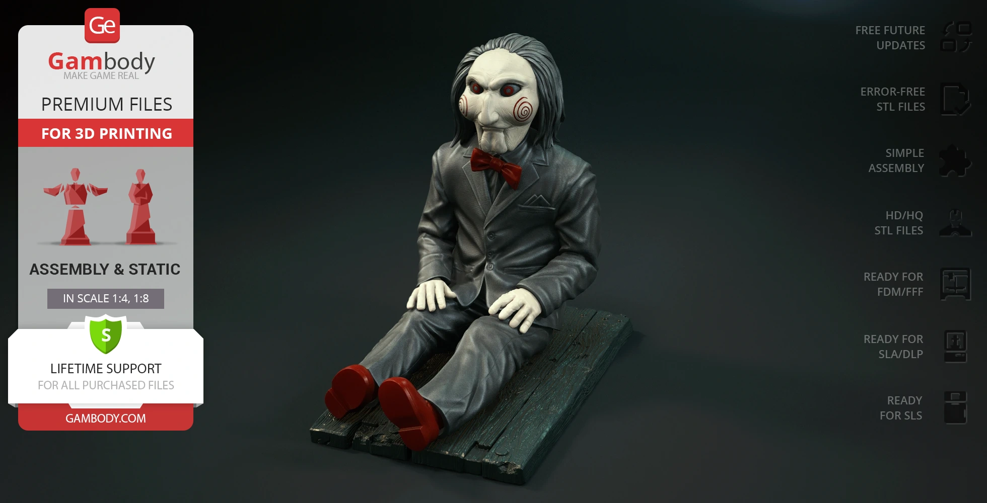 Puppet in a suit with red bow tie, sitting on a wooden plank, 3D model for printing.