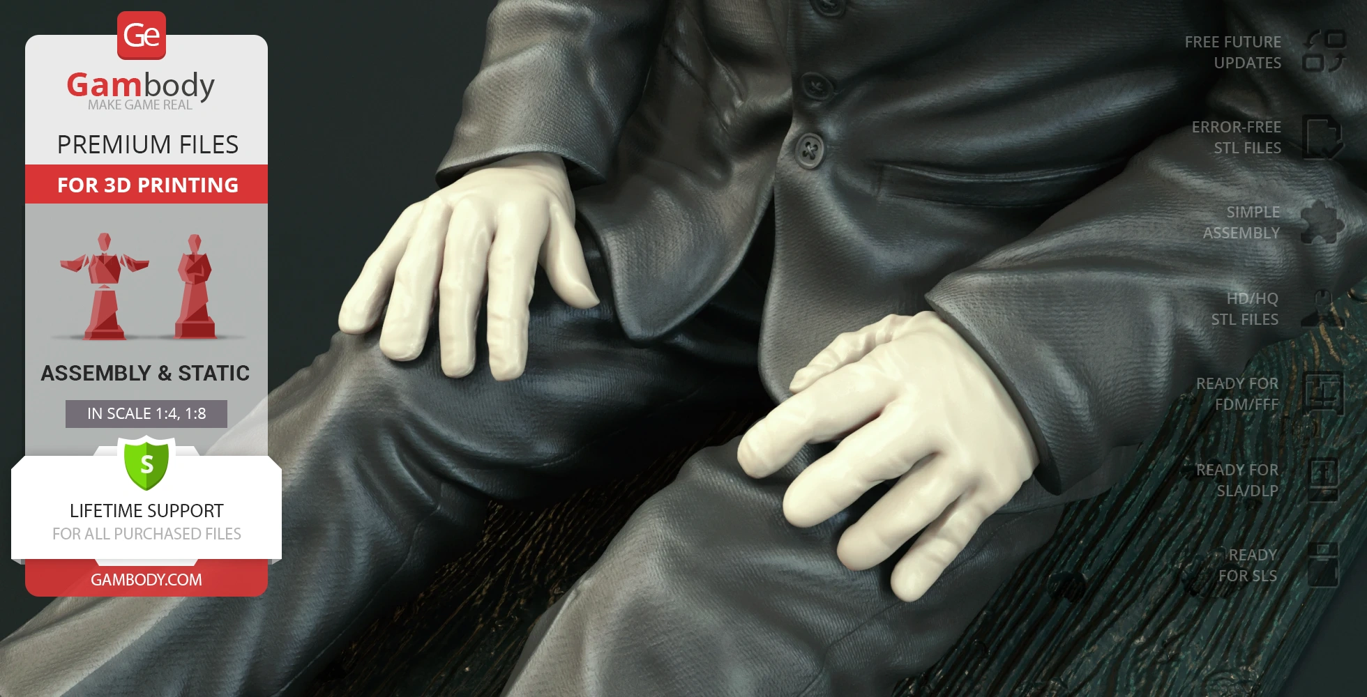 A close-up of a 3D printed puppet in a suit sitting, showing detailed hands and clothing texture.