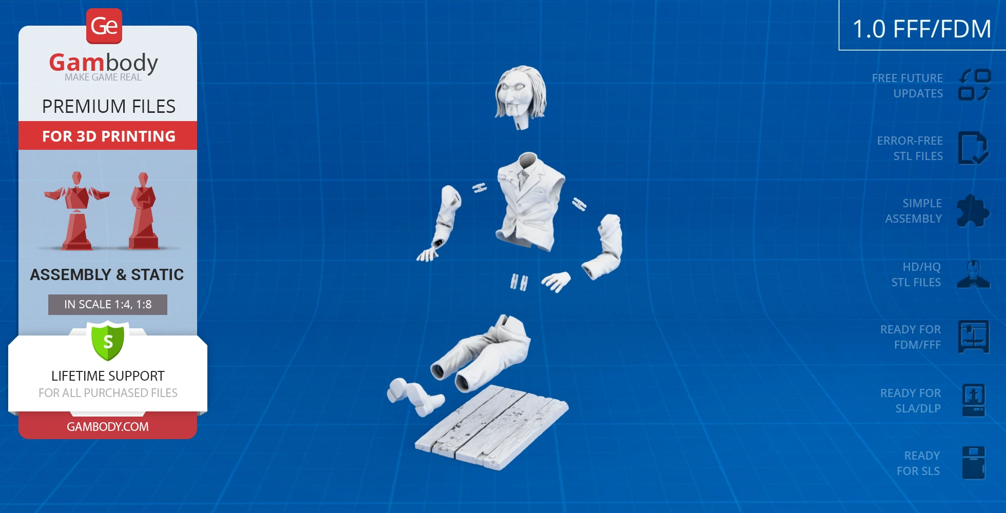 Disassembled puppet model parts for 3D printing: head, torso, arms, and legs on a blue grid background.