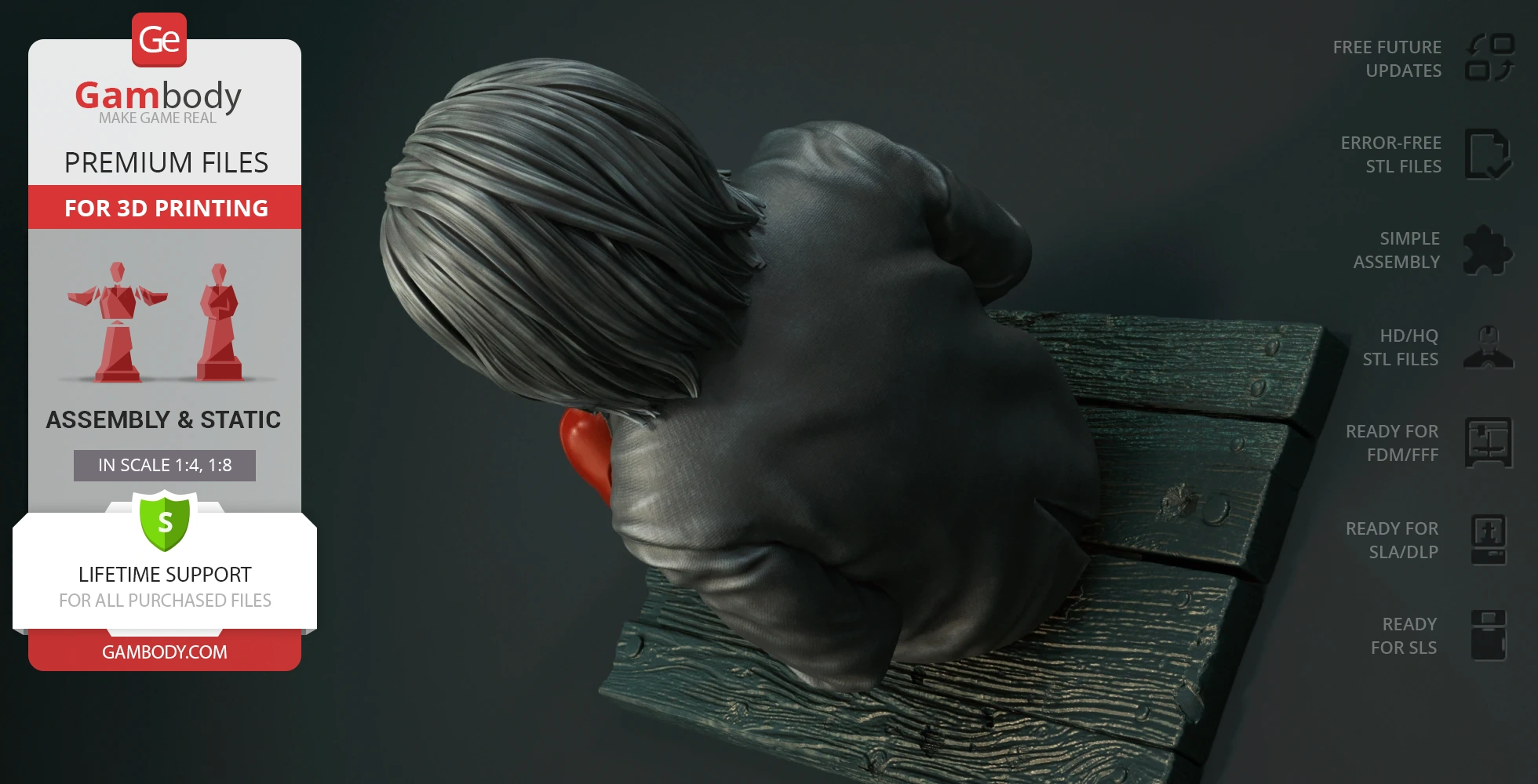 A gray-haired figure in a black outfit sits on a wooden surface, viewed from behind.
