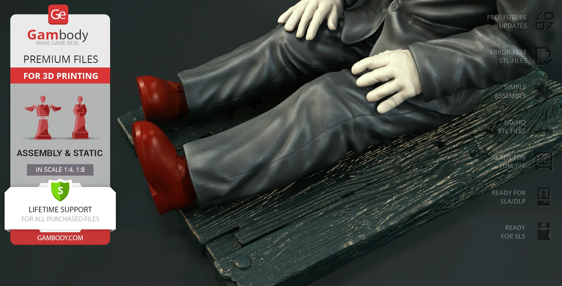 A puppet figure in a suit with red shoes and pale hands, sitting on a wooden plank.