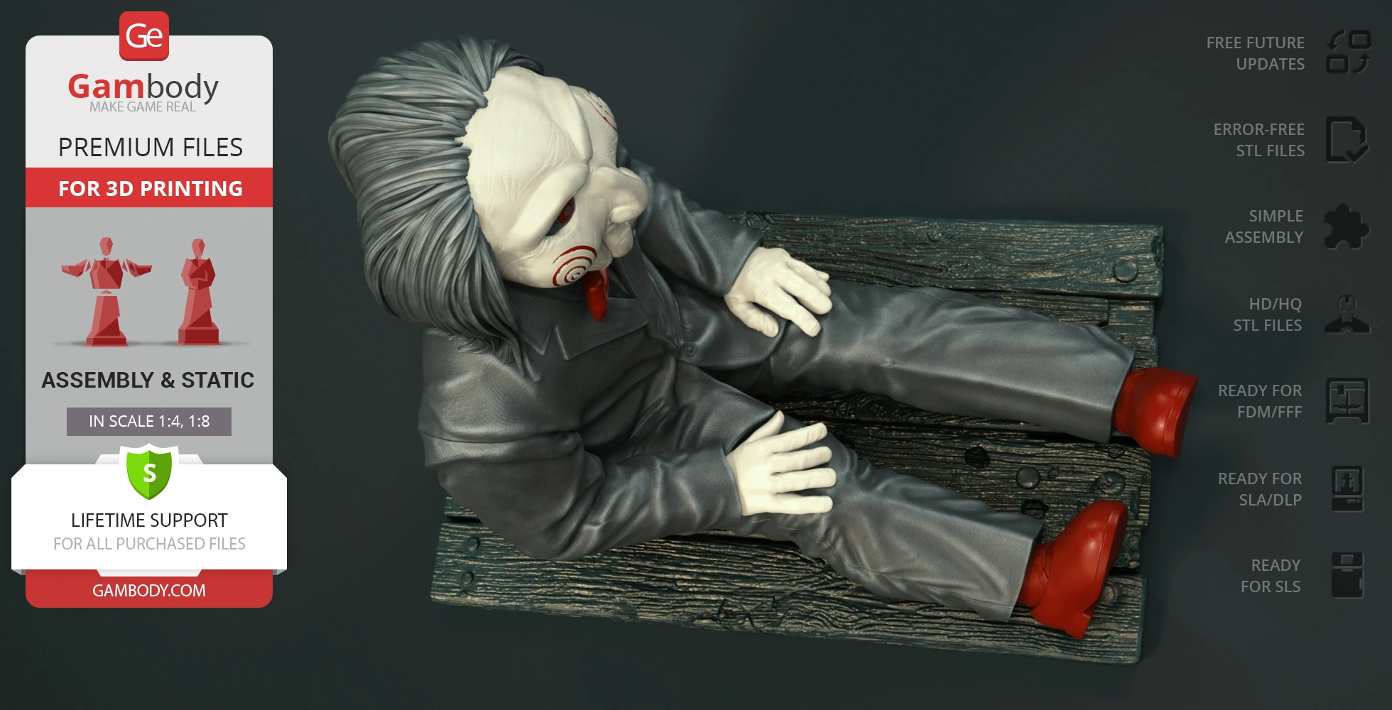 Creepy puppet in a suit sitting on a wooden surface, ready for 3D printing.